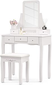 Mecor Makeup Vanity W/square Mirror, White Vanity Set With Cushioned Stool,wood Dressing Table With 5 Drawers,3 Removable Dividers Girls Women Bedroom Bathroom Makeup Furnitures--ys - White