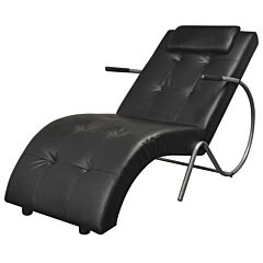 Chaise Longue With Pillow Black Faux Leather - Black