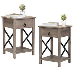 Set Of 2 Farmhouse Wood Nightstand, Bed Sofa Side Table With Drawer, X-shape Metal Sides, Square End Table Furniture For Living Room Bedroom Office Xh - Rustic Gray And Black