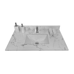 31inch Bathroom Stone Vanity Top Engineered White Marble Color With Undermount Ceramic Sink And Single Faucet Hole With Backsplash - White