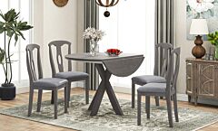 Rustic Farmhouse 5-piece Wood Round Dining Table Set For 4, Kitchen Furniture With Drop Leaf And 4 Padded Dining Chairs For Small Places - Gray