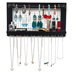 Jewelry Manager - Wall Mounted Jewelry Stand With Detachable Bracelet Bar, Shelf And 16 Hooks - Perfect Earrings, Necklaces And Bracelet Stand - Black Rt - Black