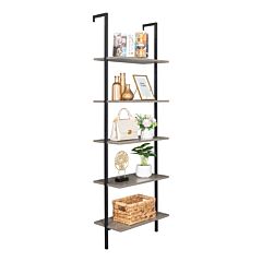 5-shelf Wood Ladder Bookcase With Metal Frame, Industrial 5-tier Modern Ladder Shelf Wood Shelves,gray Yj - Picture