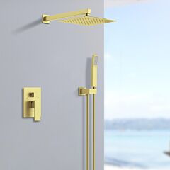 Shower System Shower Faucet Combo Set Wall Mounted With 12" Rainfall Shower Head And Handheld Shower Faucet, Brushed Gold Finish With Brass Valve Rough-in - Gold