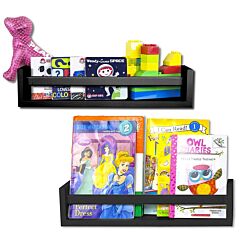 Set Of 2 Nursery Room Wood Floating Wall Shelves Wall Decor, Bookshelf, And Toy Organizer Black - Black