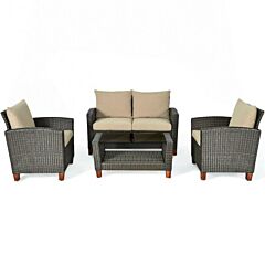 Patio Garden Outdoor Rattan Furniture Set With Cushions  4 Pce Set - Brown