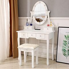 Makeup Vanity Dressing Table Desk Drawer Mirror Stool Set With 10 Led Light - White