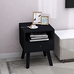 Mid-century Modern Bedside Table, 1 Drawer With Open Shelves, Black - As Pic
