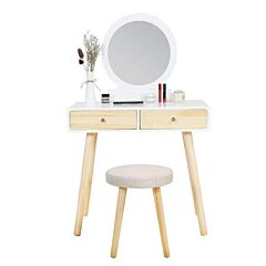 Pastoral Style Round Mirror Double Drawer Dresser - White