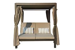 Direct Wicker Steel Rattan Lounger With Shade And Curtain Round Tube Version And Adjustable Back Outdoor Daybed - Brown