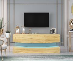 Mdf Up And Down Wall-mounted Tv Cabinet With Three Drawers & Led Lights,oak - Wood
