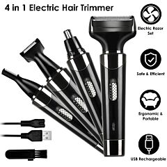 4 In 1 Rechargeable Razor Hair Beard Eyebrow Ear Nose Hairs Sideburn Trimmer Clipper Painless Electric Shaver - Black