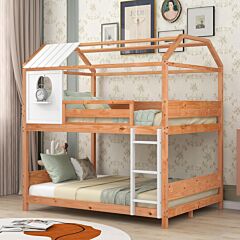 Full Over Full Size House Bunk Bed With Window And Little Shelf,full-length Guardrail - Natural