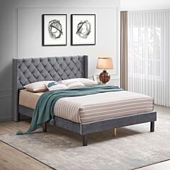 Upholstered Bed With Wings Design - Strong Wood Slat Support - Easy Assembly - Dark Gray Velvet, Queen, Platform Bed - Dark Gray