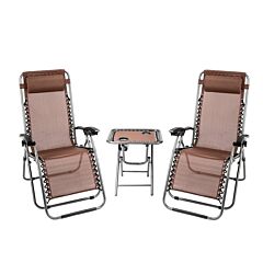 3 Pcs Zero Gravity Chair Patio Chaise Folding Lounge Table Chair Sets - As Piictures