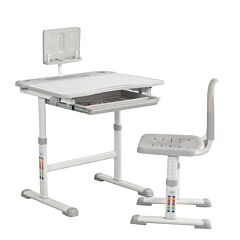 Adjustable Kids Study Table & Chair Set With Tilt Desktop/reading Board/pull-out Drawe Yf - Gray