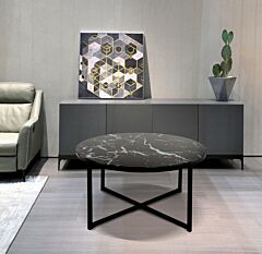 Cross Legs Glass Coffee Table With Metal Base, Marble Black Color Top - Black