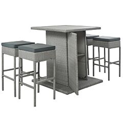 5-piece Rattan Dining Table Set, Pe Wicker Square Kitchen Table Set With Storage Shelf And 4 Padded Stools For Poolside, Garden, Gray Wicker+dark Gray Cushion - Gray