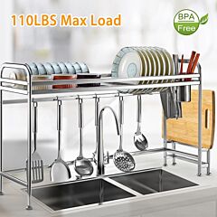 Over Sink Dish Drying Rack Shelf Stainless Steel Kitchen Countertop Bowl Dish Chopping Board Organizer Rack - Silver