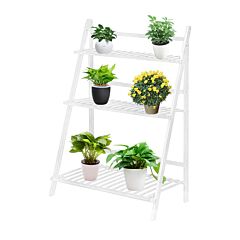100% Bamboo Plant Frame Three Layers, Balcony Bamboo Frame Folding With Hanging Rod Flower Frame, Indoor Office Balcony, Living Room, Outdoor Garden Decoration--white - White
