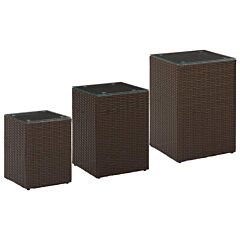 Side Tables 3 Pcs With Glass Top Brown Poly Rattan - Brown