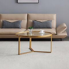 Modern Coffee Table,golden Metal Frame With Round Tempered Glass Tabletop - Golden