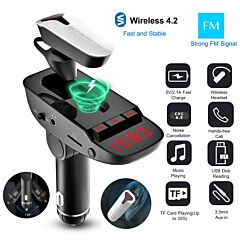 Car Fm Transmitter W/ Wireless Earpiece 2 Usb Charge Ports Hands-free Call Mp3 Player - Black