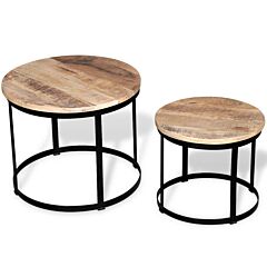 Two Piece Coffee Table Set Rough Mango Wood Round 15.7"/19.7" - Black