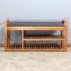 Living Room Bamboo Storage Bench, Entryway 3 Shelves Bench With Flip Storage Compartment 39.37 X 13 X 19.88 Inch - Natural