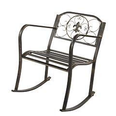 Metal Outdoor Rocking Chair Seat For Patio Porch Deck Scroll Design - Dark Brown