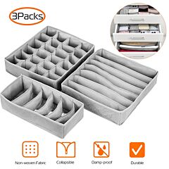 3 Pack Sock Organizer Box Foldable Damp Proof Storage Drawers Multi-cells Underwear Tie Container - Grey