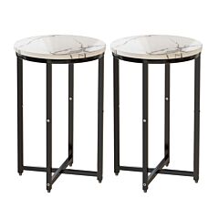 Set Of 2 Round End Side Table With Faux Marble Top And Metal Frame For Living Room Bedroom Balcony Small Space Modern Home Decor - Black