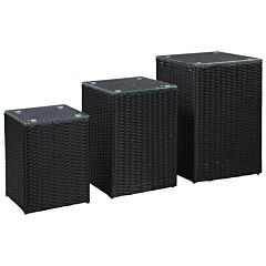 Side Tables 3 Pcs With Glass Top Black Poly Rattan - Black