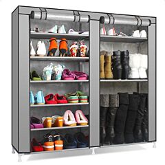 Double Rows Home Shoe Rack Shelf Storage Closet Organizer Cabinet Portable Cover Grey - Gray