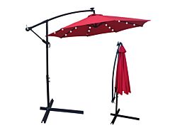 10 Ft Outdoor Patio Umbrella Solar Powered Led Lighted 8 Ribs Umbrella With Crank And Cross Base For Garden Outside Deck Swimming Pool - Red