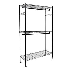 Double Rod Closet 3 Shelves Wire Shelving Clothing Rolling Rack Heavy Duty Garment Rack With Wheels And Side Hooks Rt - Black