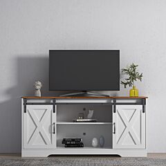 Distressed White&rustic Sliding Barn Door Tv Stand Modern&farmhouse Wood Entertainment Center, Storage Cabinet Table Living Room With Adjustable Shelves For Tvs Up To 65" Xh - As Picture