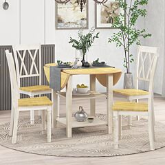 Farmhouse Wooden Round Dining Table Set, Drop Leaf Kitchen Table Set With 2-tier Storage Shelves And 4 Cross Back Chairs For Small Places - Natural