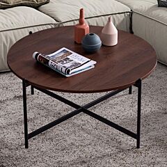 Modern Round Coffee Table,black Color Frame With Walnut Top-36" - Black