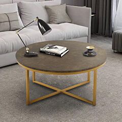 Cross Legs Mdf Coffee Table With Metal Base, Brown And Golden - Brown And Golden