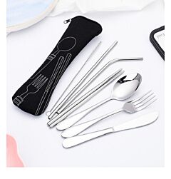 8 Pieces Travel Flatware Set, Portable Stainless Steel Utensils Set, Knife Fork Spoon Chopsticks Straw With Zipper Case - Black