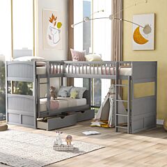 Twin Size Bunk Bed With A Loft Bed Attached, With Two Drawers,gray - Gray