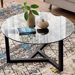 On-trend Round Glass Coffee Table Modern Cocktail Table Easy Assembly With Tempered Glass Top &amp; Sturdy Wood Base (espresso) - As Picture