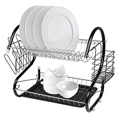Multifunctional S-shaped Dual Layers Bowls & Dishes & Chopsticks & Spoons Collection Shelf Dish Drainer Black Rt - Black