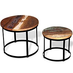 Two Piece Coffee Table Set Solid Reclaimed Wood Round 19.7" - Black
