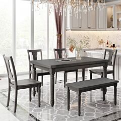 Classic Dining Set Wooden Table And 4 Chairs With Bench For Kitchen Dining Room, Gray (set Of 6) - Gray