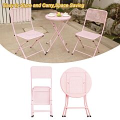 Premium Steel Patio Bistro Set, Folding Outdoor Patio Furniture Sets, 3 Piece Patio Set Of Foldable Patio Table And Chairs - Pink
