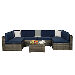 Beefurni Outdoor Garden Patio Furniture 7-piece Dark Gray Pe Rattan Wicker Sectional Navy Cushioned Sofa Sets With 2 Begie Pillows - Navy