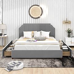 Queen Size Upholstery Platform Bed With Four Storage Drawers,support Legs - Grey