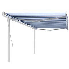 Manual Retractable Awning With Posts 196.9"x118.1" Blue And White - Blue